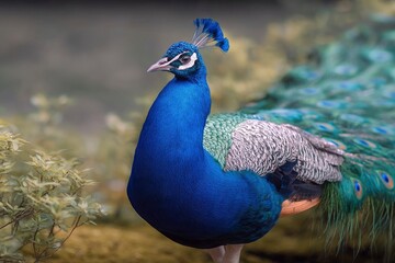 Fototapeta premium Standing Peacock Close-up with Detailed Plumage in Natural Habitat