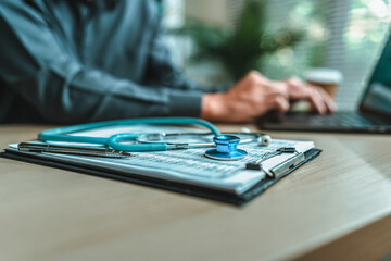 Obraz premium Medical sales report and stethoscope. Medical concept. Medicine, Health, Care and diagnosis concept.