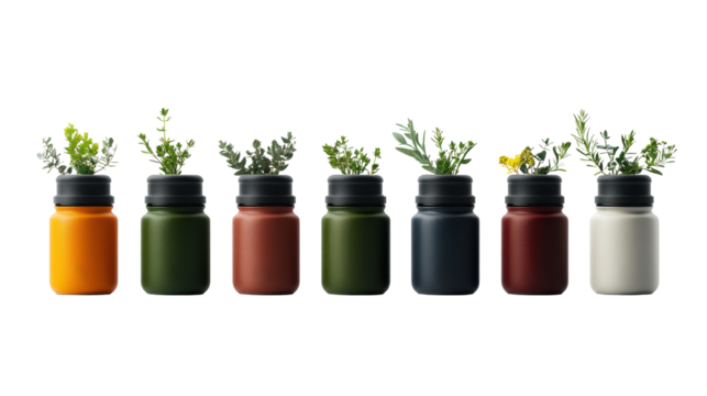 Seven colorful small containers showcase various herbs thriving against a clean white studio backdrop today.