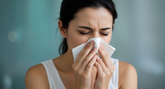 Young Woman Feeling Sick, Blowing Her Nose with a Tissue, Suffering from Cold or Allergy Symptoms