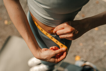 A woman in sportswear measures her waist with a tape measure, tracking fitness progress and body...