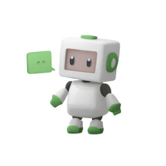 Friendly white robot character with green accents presenting speech bubble transparent background