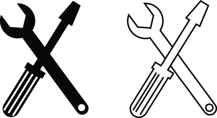 Repair tools and service icon set. Wrench, screwdriver and gear setting vector collection isolated on transparent background. Spanner perfect for diy crafting, and repair projects glyph symbol.