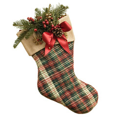 Festive Christmas stocking decorated with plaid fabric greenery berries pine cone and a red bow