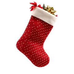 Red Christmas stocking filled with gifts and a bow a festive holiday decoration