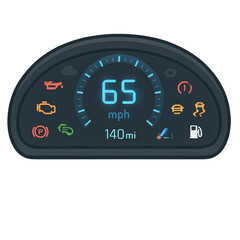 Digital car dashboard displaying speed, warning lights, and fuel level indicators.