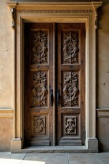 Obraz premium Intricate Carved Wooden Double Doors in a Classical Architectural Entryway