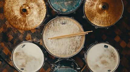 Overhead view drumsticks on snare drum, vintage drum kit, wooden floor, studio setting, music