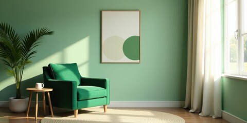 Serene Green Room Interior Design Featuring a Comfortable Armchair and Natural Light