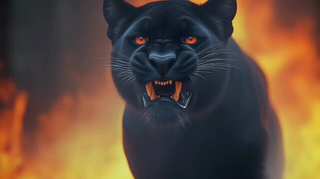  Black Panther Against Fiery Backdrop With Intense Expression and Bright Eyes motion video loop