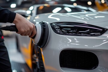Close-up of a person polishing the front side of a sleek white sports car with a rotary buffer in a garage or workshop