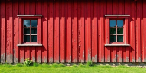 Obraz premium Rustic Red Wooden Wall with Two Pane Windows and Lush Green Grass Below