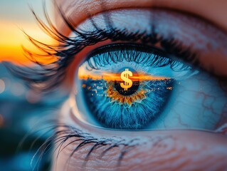 Naklejka na ściany i meble Close-up eye, dollar sign, city view