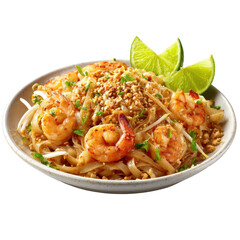 Popular Asian dishes  png concept. Shrimp noodle dish garnished with lime wedges.