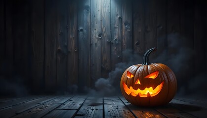 Spooky jackolantern glows on floorboards