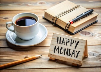 Happy Monday! Motivational Office Desk Setup with Coffee and Organized Stationery