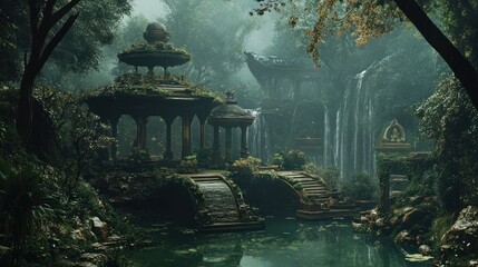 Mystical hidden temple and serene waterfall amidst lush jungle foliage
