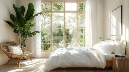 Bright bedroom with large window showing green trees outside, cozy bed with white linens, rattan chair with cushion, tall indoor plant, and wooden furniture creating a peaceful and airy atmosphere
