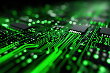 Obraz premium green glowing futuristic semiconductor, digital data flowing and data chart. Green technology concept