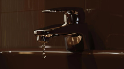 Water flowing from a faucet, faucet with water drops. Close up of a faucet, metal water tap in a bathroom