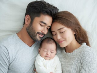 Fototapeta premium Sleeping Newborn with Parents Lying Down in Bed Together