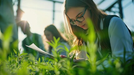 Focused Young Scientist Studying Plants in Greenhouse,  Sunlight Illuminating Her Work,  Teamwork in Agriculture Research