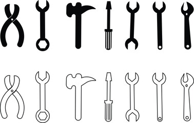 Repair tools and service icon set. Wrench, screwdriver and gear setting vector collection isolated on transparent background. Spanner perfect for diy crafting, and repair projects glyph symbol.