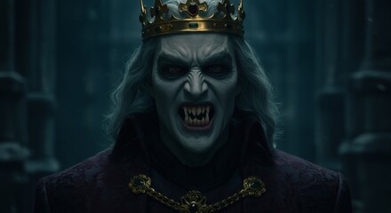 king with golden crown is a scary vampire, face close up dark fantasy