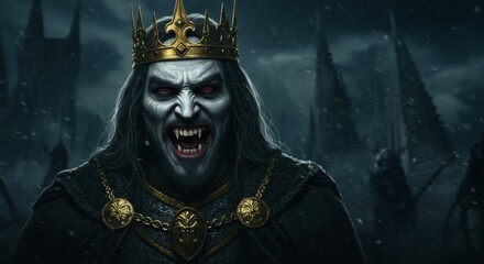 king with golden crown is a scary vampire, face close up dark fantasy