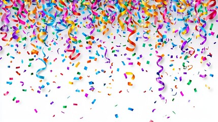 Colorful confetti and streamers falling on a white background.  A festive celebration scene