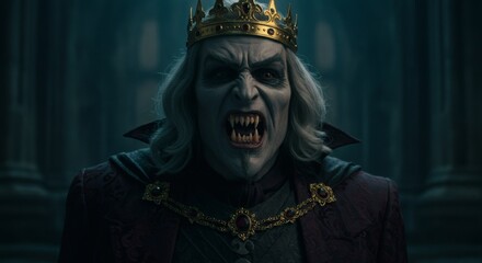 king with golden crown is a scary vampire, face close up
