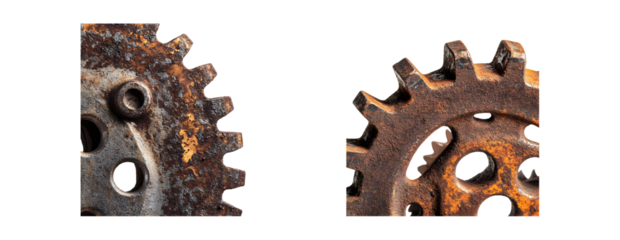 Two rusty gears in close-up view. isolated on transparent background