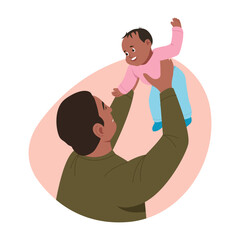 A flat style illustration showing father lifting baby