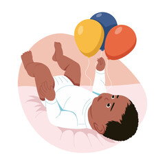 A flat style illustration showing baby playing with balloons