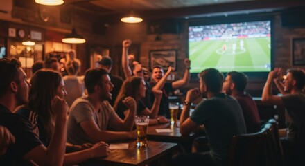 blurred Euphoric soccer fans watching live game in pub