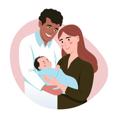 A flat style illustration showing family loving newborn baby