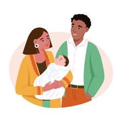 A flat style illustration showing parents holding their child