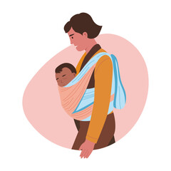 A flat style illustration of mother babywearing