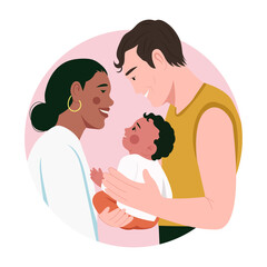 Obraz premium A flat style illustration showing happy parents holding their baby