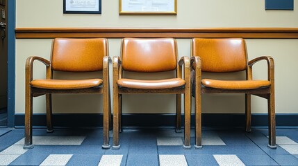 Empty brown chairs in office waiting room; documents on wall