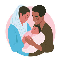 A flat style illustration showing mom dad love with baby