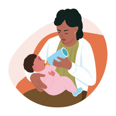 A flat style illustration showing newborn drinking milk