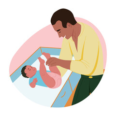 A father changing diaper of his newborn baby, flat illustration