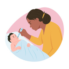A flat style illustration showing a mother checking newborn fever