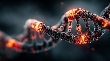 3D rendering of a biological DNA structure with a glowing highlighted segment, representing bioengineering and genetic research, set against a dark background with caption space on the side for scient