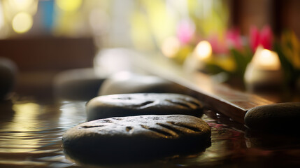 Foot-shaped stones in shallow water with a soft glow, evoking serenity and natural harmony