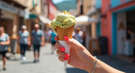 Female hand holding an ice cream cone, food and travel destination concept