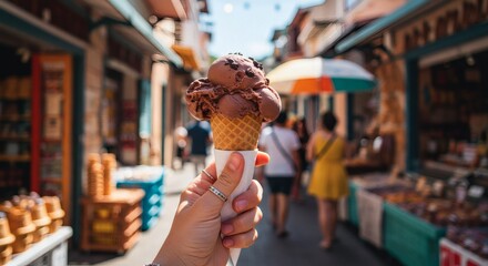 Female hand holding an ice cream cone, food and travel destination concept