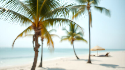 Summer background of beach view with water, sand, palm tree elements