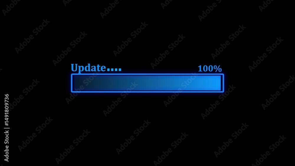 Poster progress bar showing 100 percent completion of a software update displayed against a black backgroun